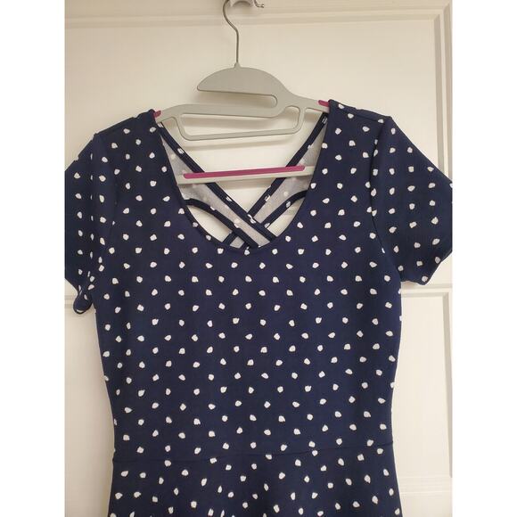 Women's Charming Charlie Navy Polka Dot Criss Cross Back Dress | Size Small - Picture 3 of 7